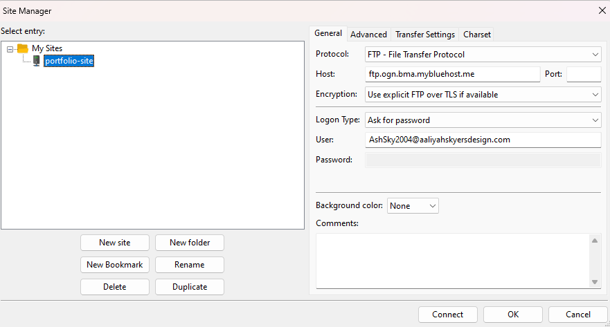 An image of the site manager interface in Filezilla that shows I have set up my FTP account to connect to my hosting space