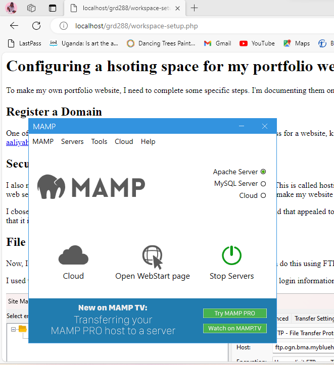 A screenshot of a computer screen with MAMP running and a browser showing a page open on localhost in the background