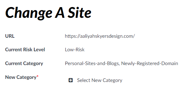 An image showing that aaliyahskyersdeign.com is categorized as low risk in the personal sites and blogs category